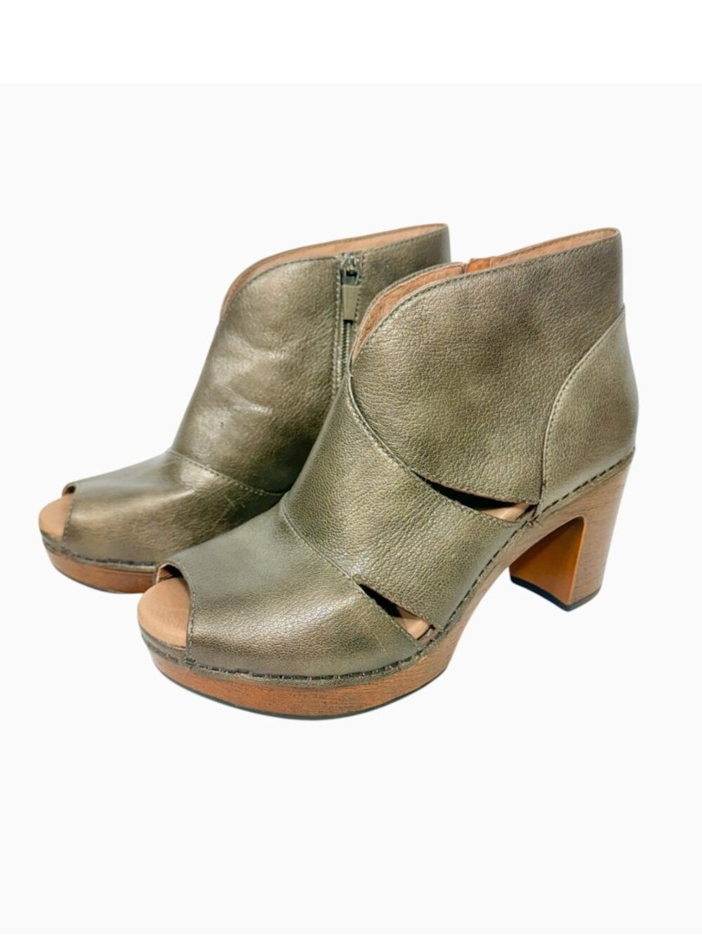 Dansko Delphina Bronze Metallic Leather Peeptoe Booties Wood Heels Side Zippers